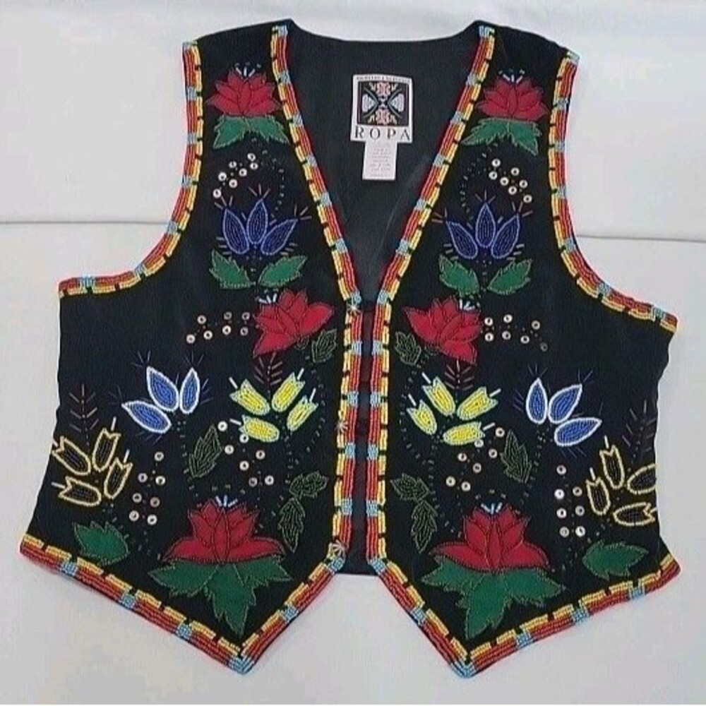 Vtg HAIRSTON Roberson ROPA Fully Beaded Floral Vest Starburst Buttons - S/M READ